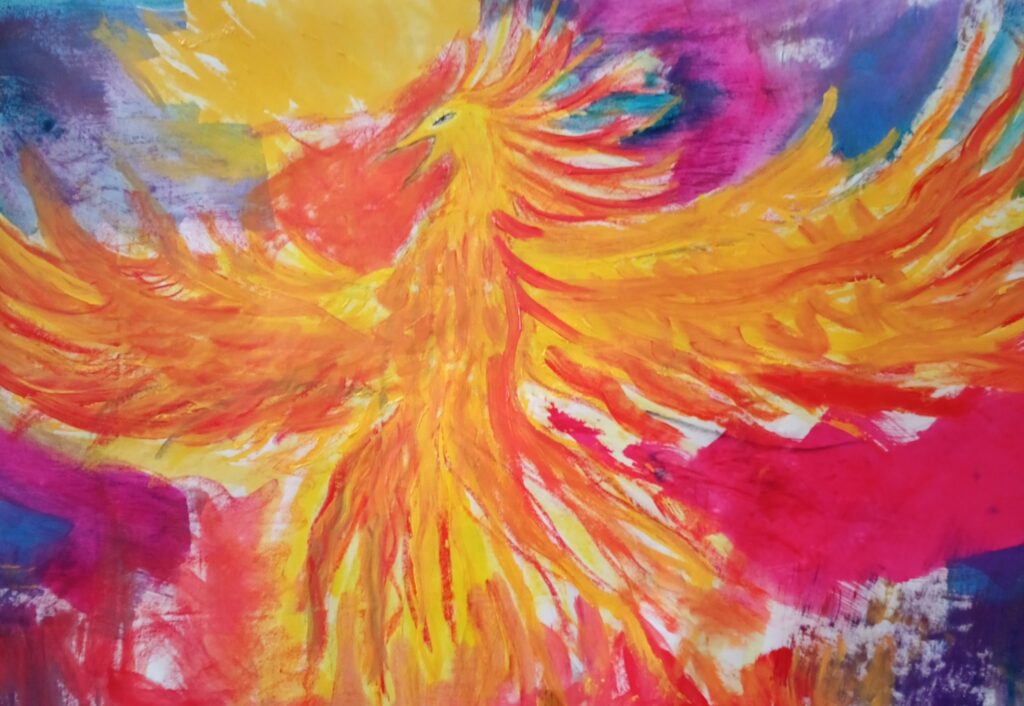 phoenix techniques mixtes sur papier 100 X 200 cm