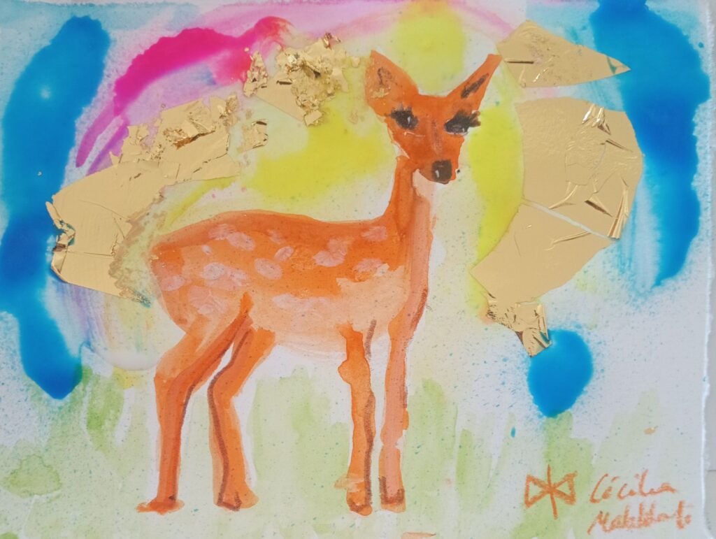 la biche est là, feuilles or et aquarelle sur papier, 10 X N15 cm